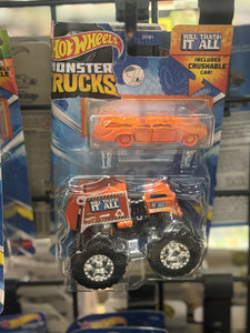 Hot Wheels Monster Truck Plus Car 1:64 Scale Vehicle 2-Pack - Will Trash It All & Crushed Wagon - Flat Iron