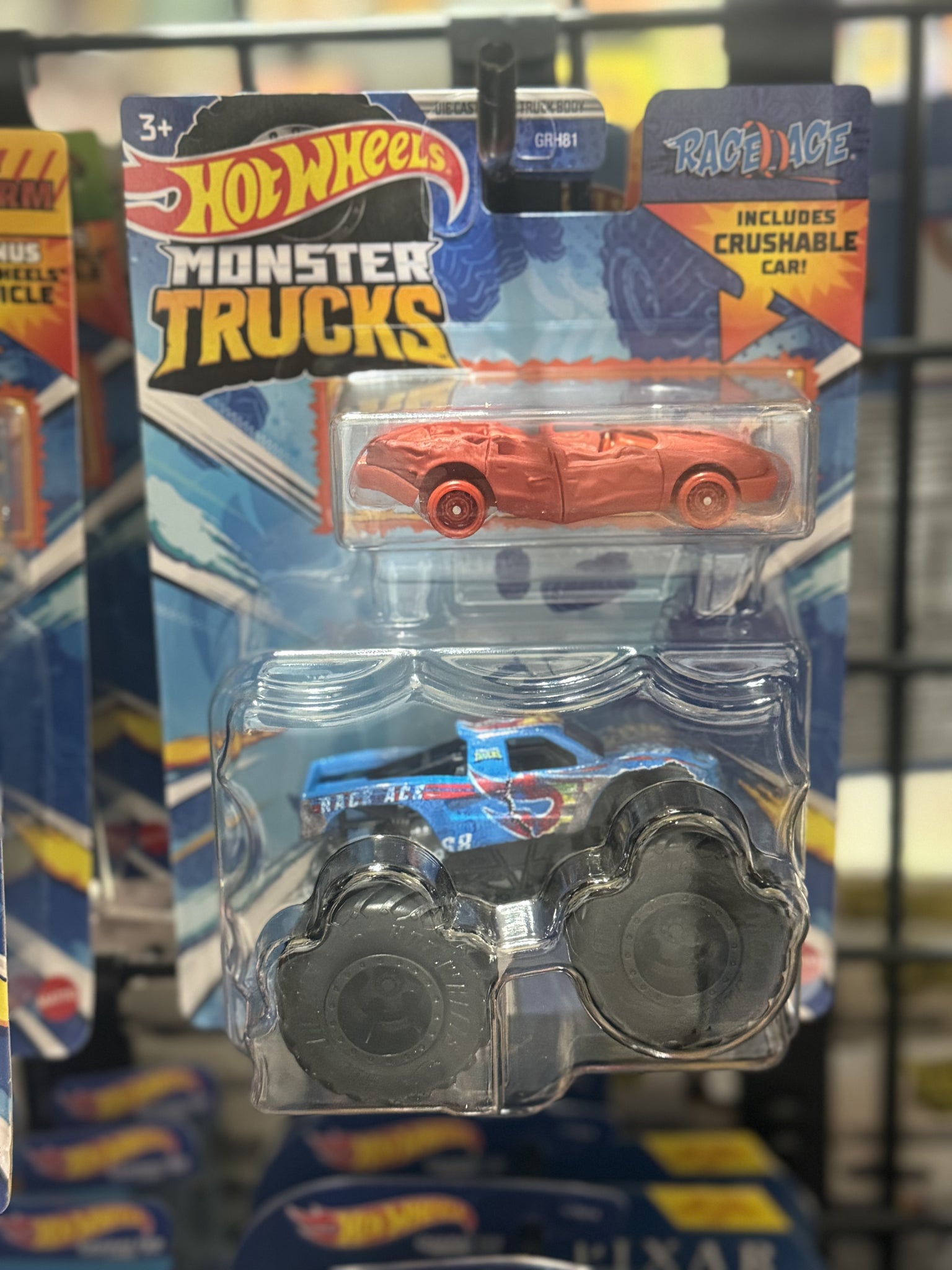 Hot Wheels Monster Truck Plus Car 1:64 Scale Vehicle 2-Pack - Race Ace and Crushed Sedan - Sudden Stop