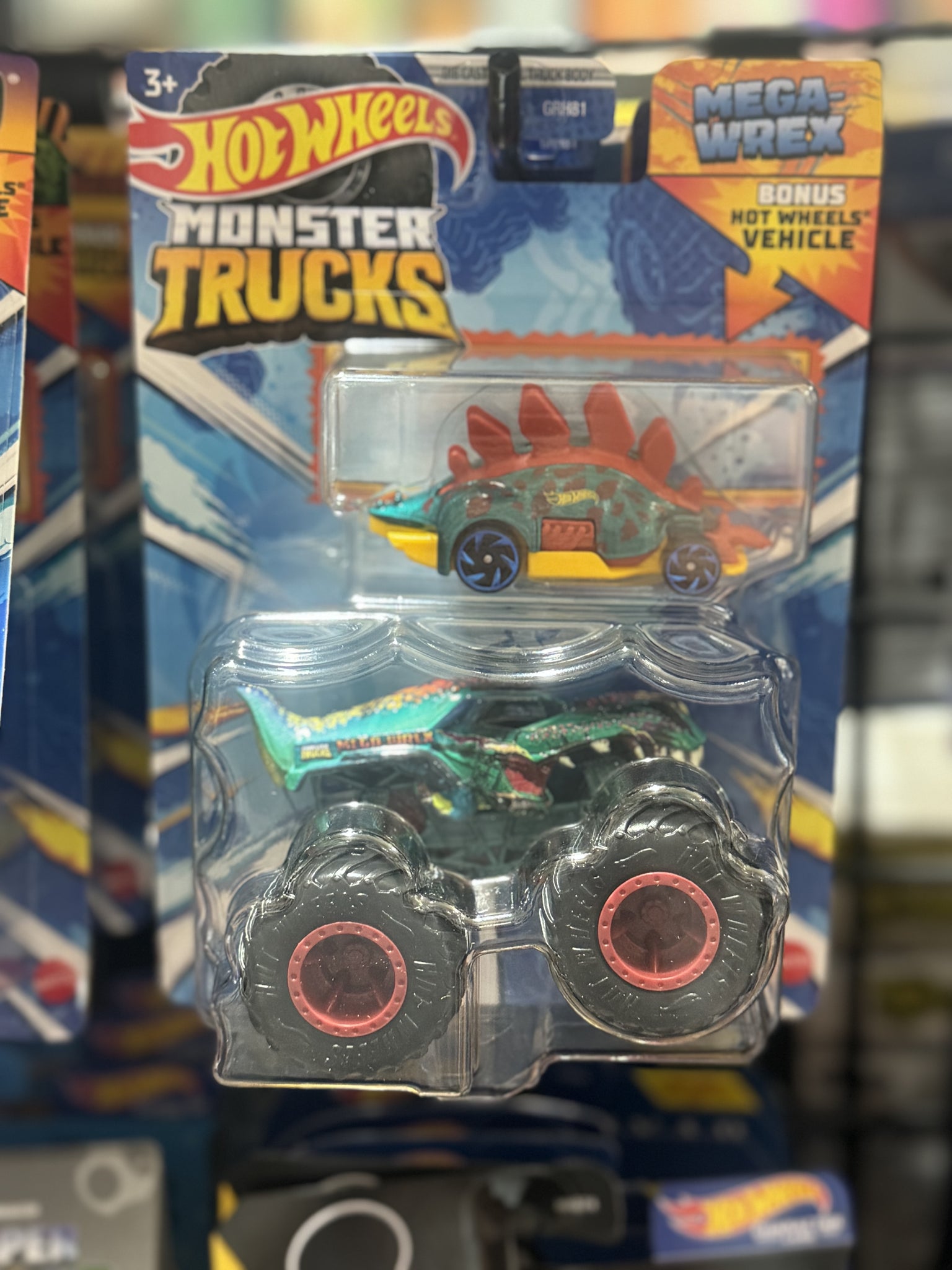 Hot Wheels Monster Truck Plus Car 1:64 Scale Vehicle 2-Pack - Mega-Wrex and Motosaurus